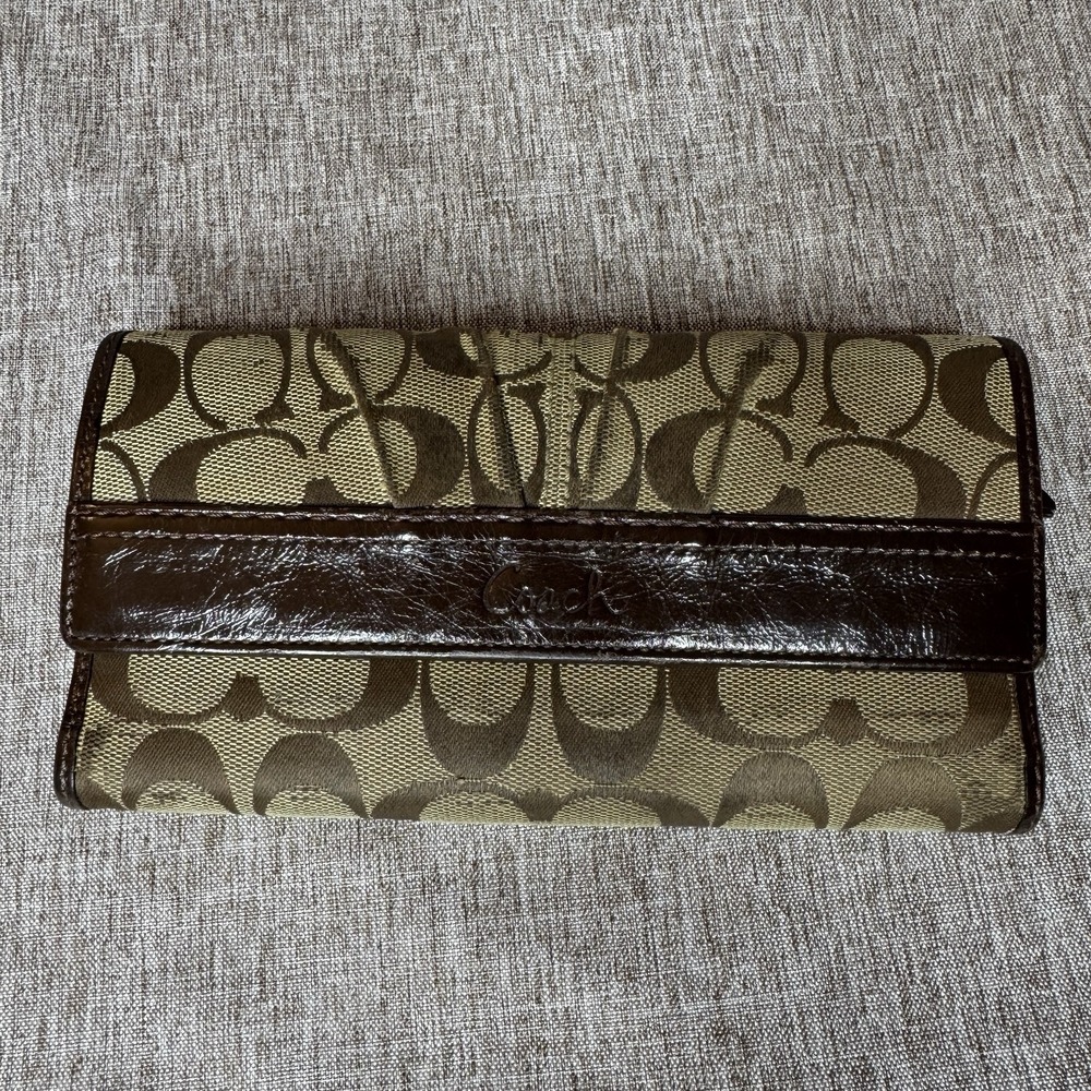 Coach Vintage Brown Leather Canvas Trifold Wallet with Snap Closure and Zip